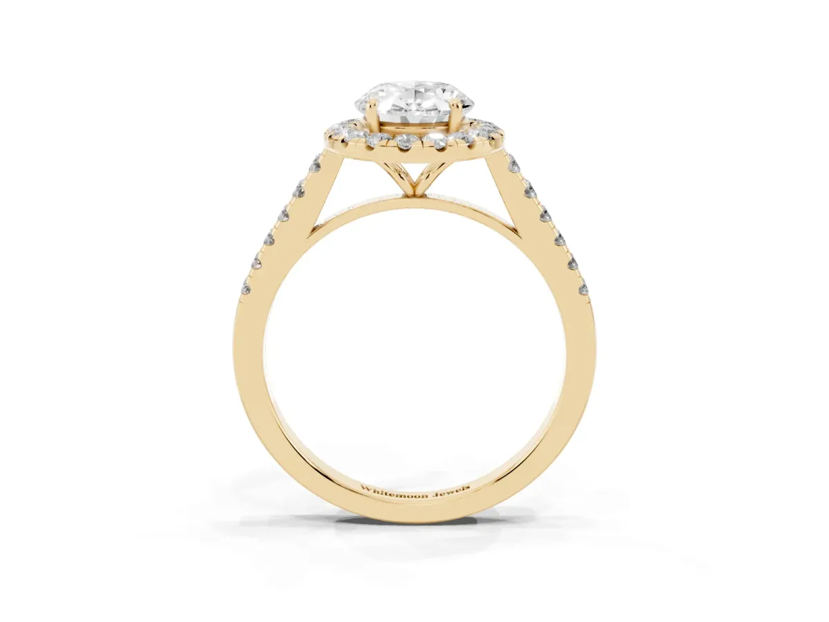 Oval Cut Halo Pave Diamond Engagement Ring with Four-Prong Setting Yellow gold