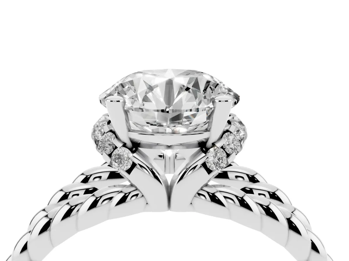 Round Cut Halo Twisted Band Four-Prong Ring Silver