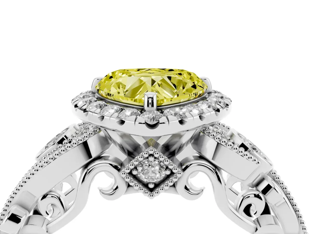 Fancy Yellow Heart Cut Halo Diamond Ring with Milgrain and Bezel Accents on a Split Shank Band Silver