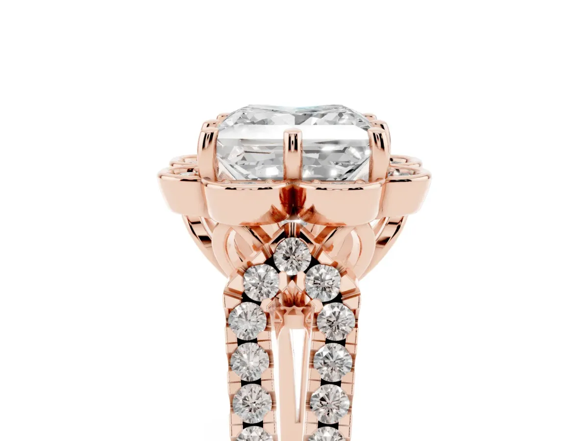 Princess Cut Halo Diamond Floral Split Shank Engagement Ring Rose gold