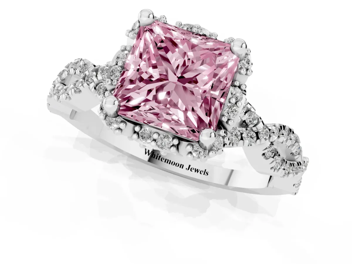 Fancy Pink Princess Cut Halo Twist Band Solitaire Ring with Six-Prong Setting Silver