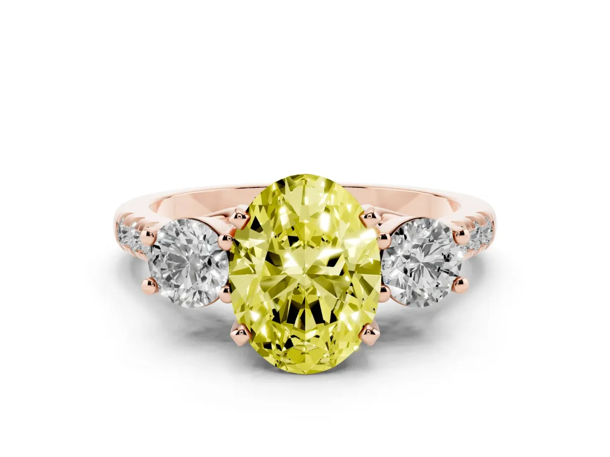 Fancy Yellow Three-Stone Oval Cut Diamond Pavé Band with Four-Prong Setting Rose gold