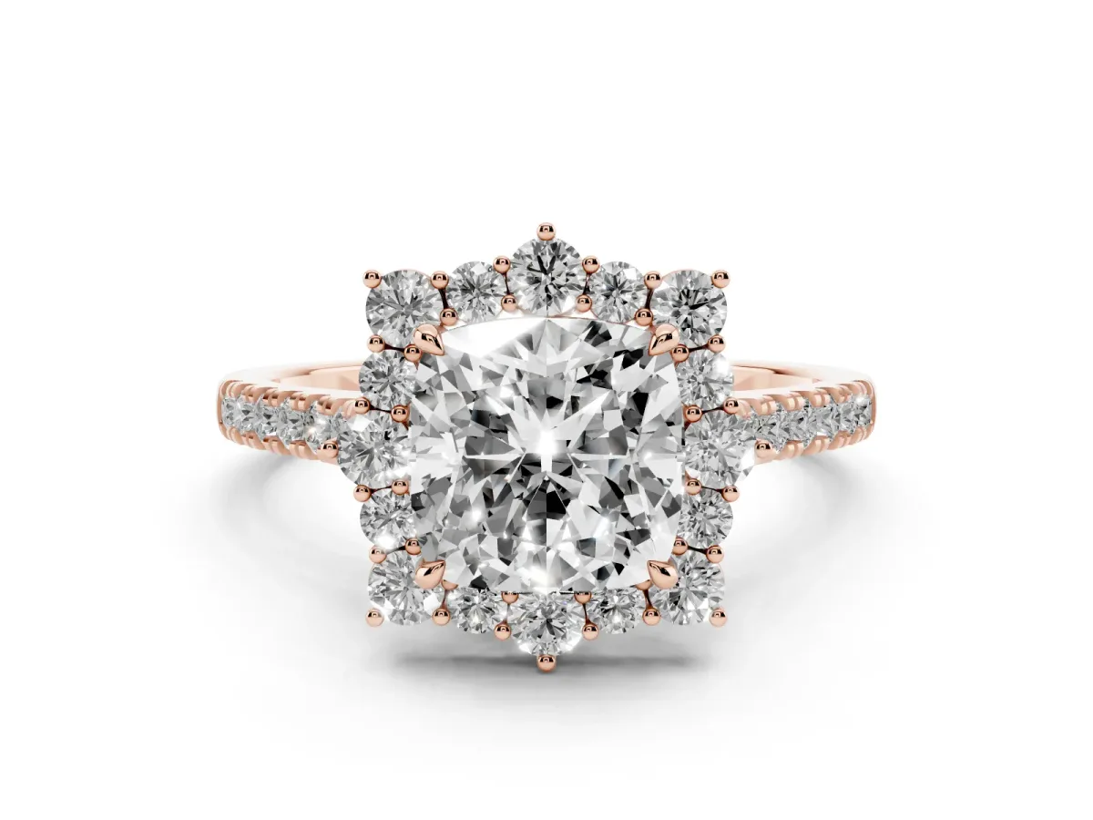 Cushion Cut Halo Diamond Ring with Pavé Band and Prong Setting Rose gold