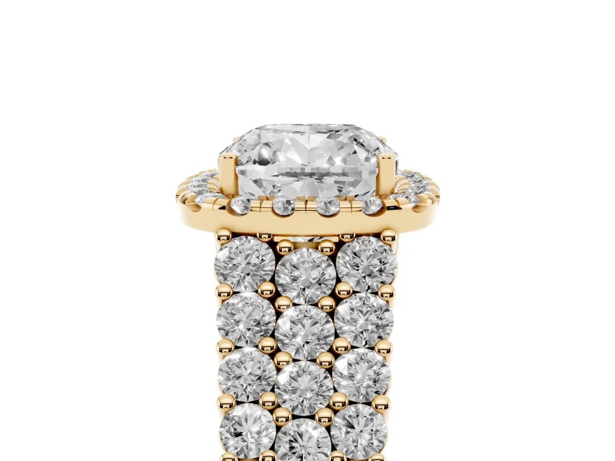 Cushion Cut Diamond Halo Engagement Ring with Triple Row Round Pavé Band and Prong Setting Yellow gold