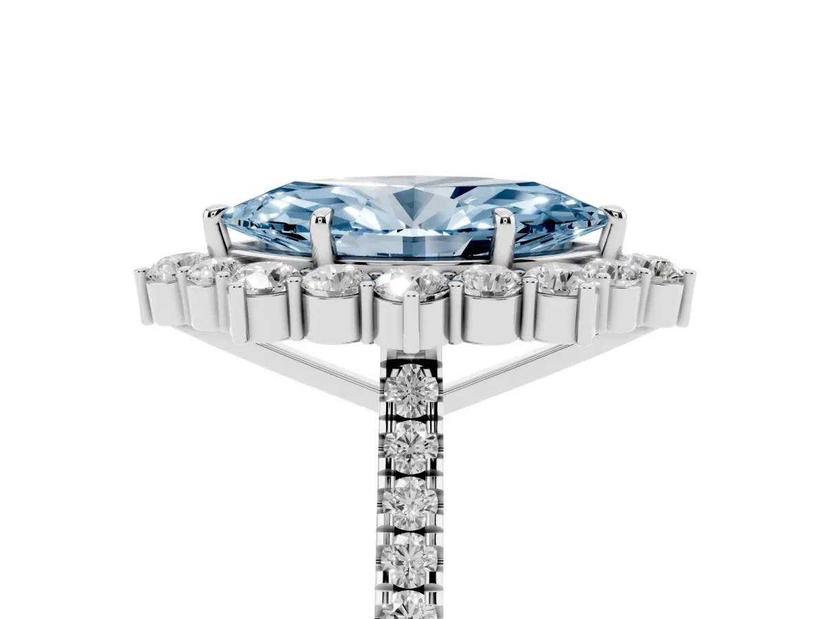 Fancy Blue Marquise Cut Halo Diamond Ring with Pavé Band and Prong Setting Platinum