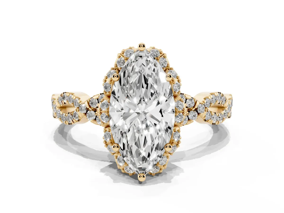 Marquise Cut Halo Twist Band Solitaire Ring with Six-Prong Setting Yellow gold