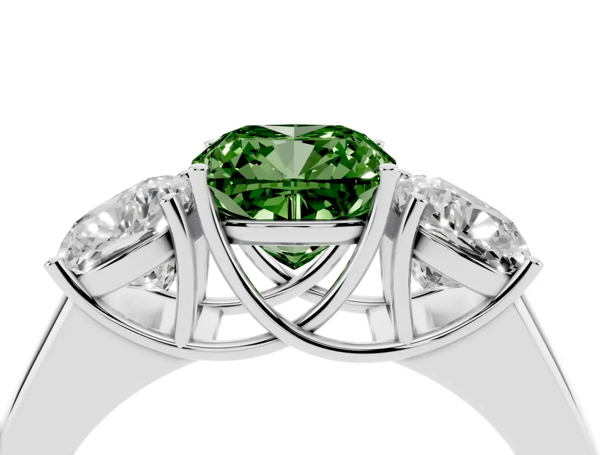 Fancy Green Three-Stone Cushion Cut Cut Diamond Ring with Prong Setting and Classic Band Silver
