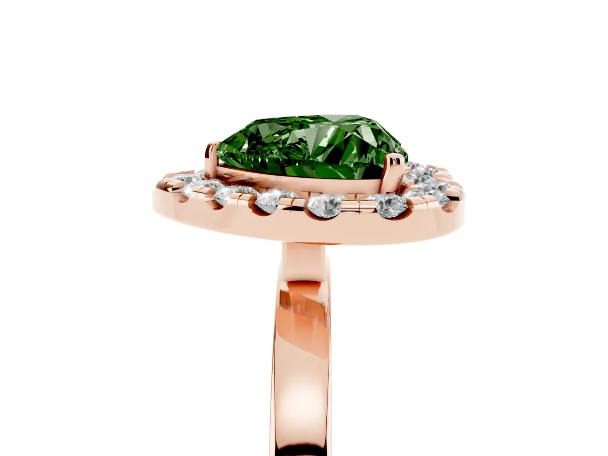 Fancy Green Heart Cut Halo Diamond Solitaire with Pavé Band and Four-Prong Setting Rose gold