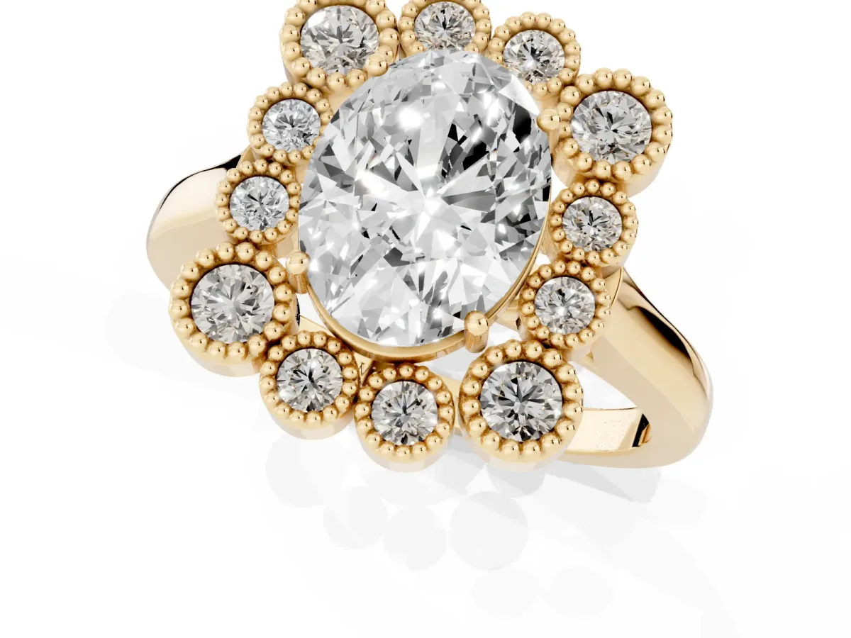 Oval Cut Halo Diamond Cluster Engagement Ring with Milgrain Bezel Setting and Solitaire Band Yellow gold