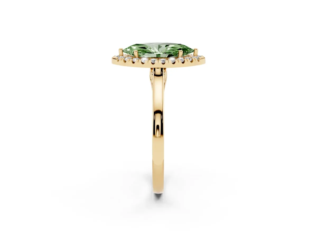 Fancy Green Marquise Cut Halo Round Diamond Solitaire Ring with Pavé Band and Four-Prong Setting Yellow gold