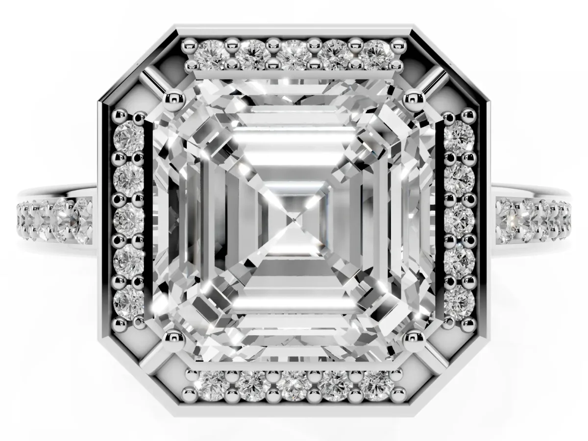 Asscher Cut Cut Halo Pave Split Shank Prong Setting Ring Platinum
