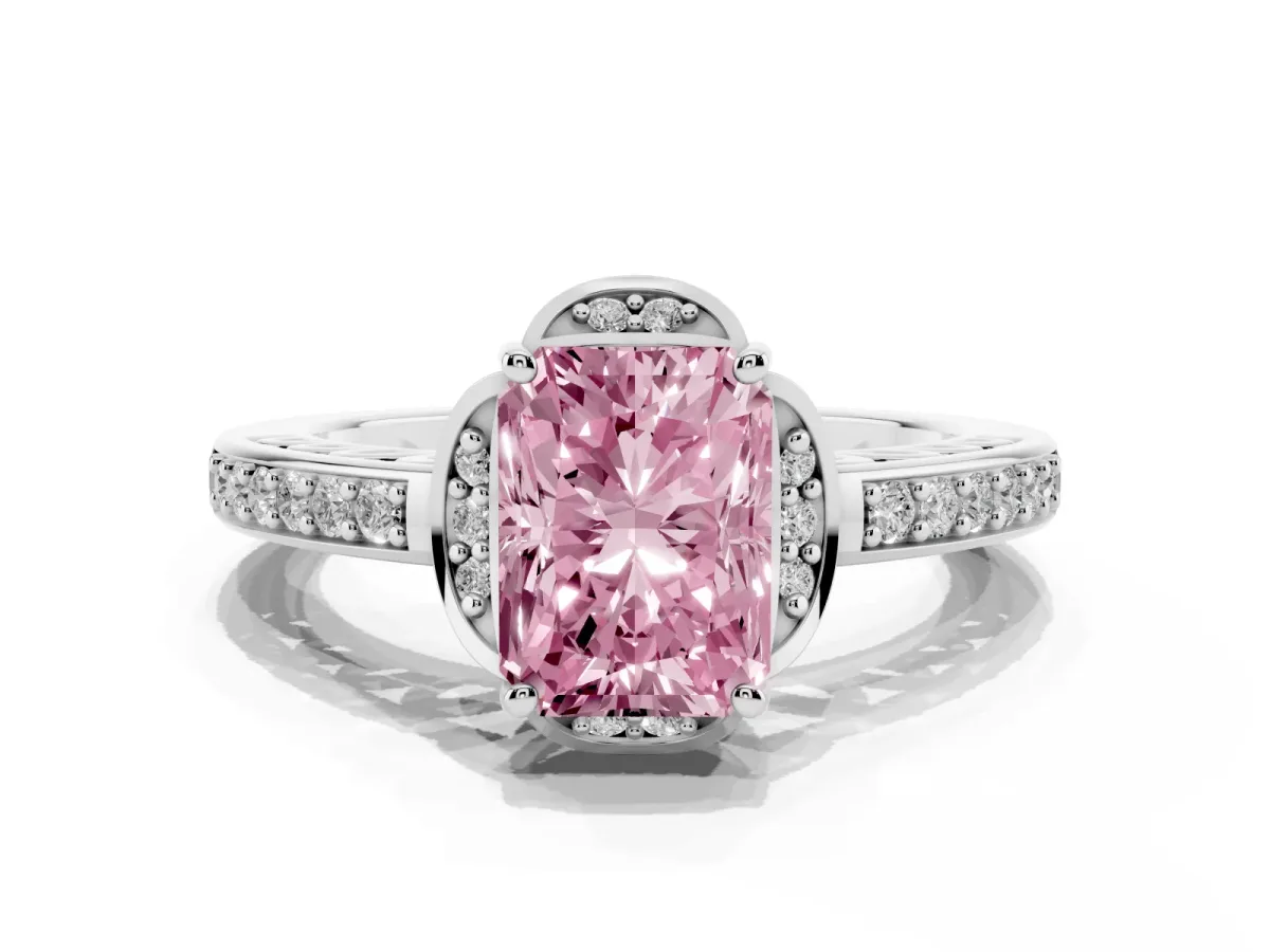 Fancy Pink Radiant Cut Cut Halo Diamond Ring with Channel Set Band and Four-Prong Setting Platinum