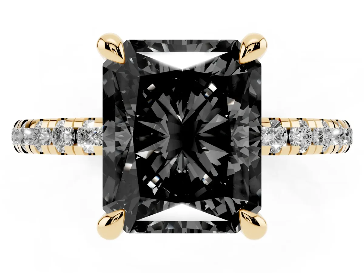 Fancy Black Radiant Cut Diamond Brilliant Solitaire Ring with Pavé Band and Four-Prong Setting Yellow gold