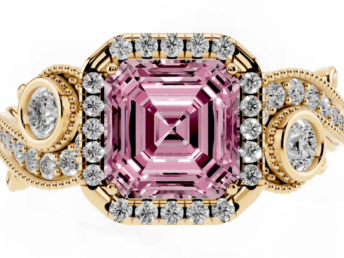 Fancy Pink Asscher Cut Halo Diamond Ring with Milgrain and Bezel Accents on a Split Shank Band Yellow gold