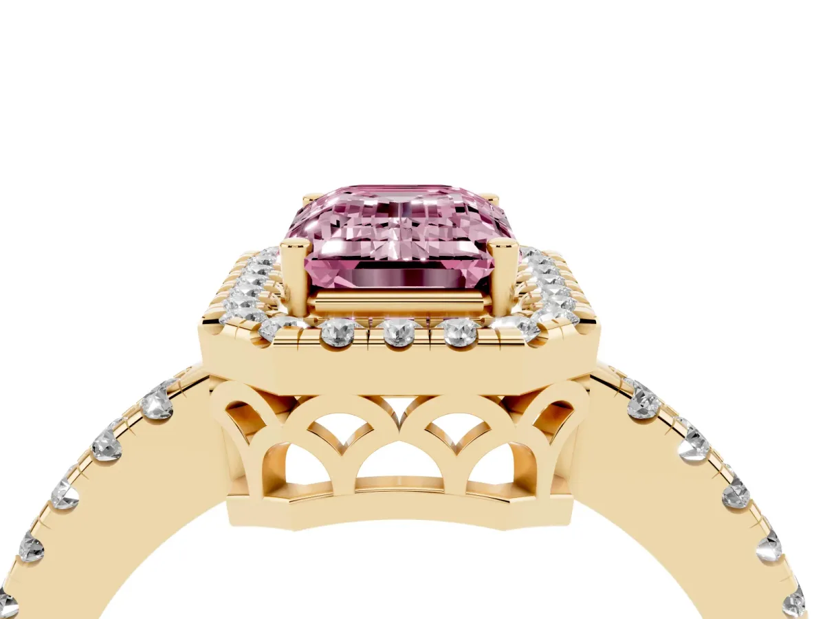 Fancy Pink Emerald Cut Halo Diamond Engagement Ring with Pavé Band and Four-Prong Setting Yellow gold