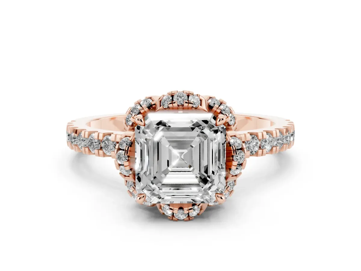 Asscher Cut Halo Diamond Pave Band Ring with Four-Prong Setting Rose gold