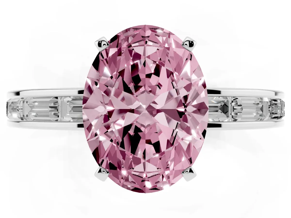 Fancy Pink Oval Cut Solitaire Diamond Ring with Channel-Set Baguette Band and Four-Prong Setting White gold