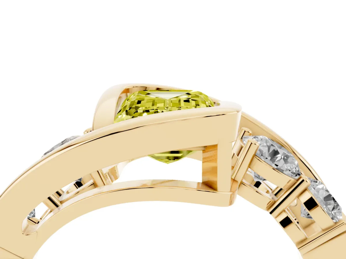 Fancy Yellow Bezel Set Emerald Cut Diamond Bypass Ring with Round Accents Yellow gold