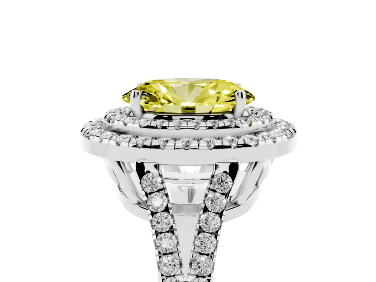 Fancy Yellow Oval Cut Diamond Double Halo Ring with Pavé Band and Prong Setting Platinum