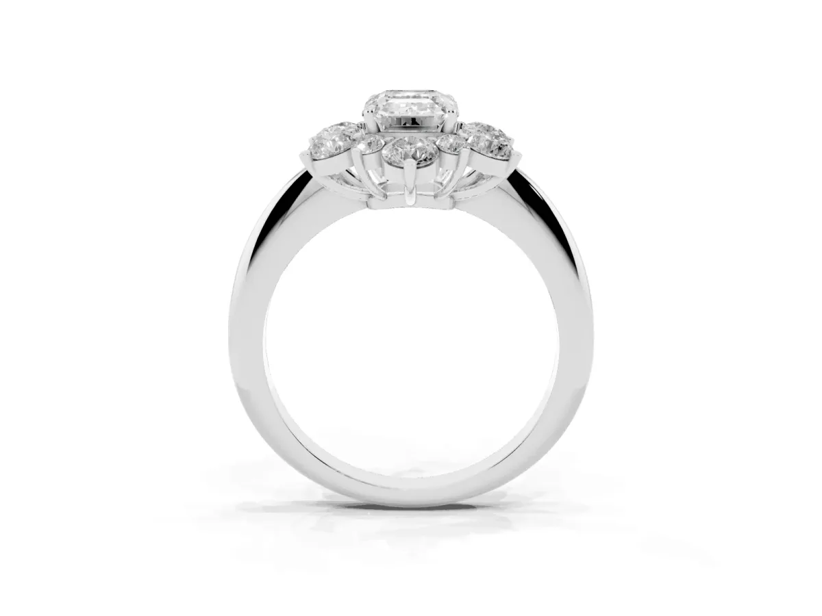 Emerald Cut Diamond Cluster Halo Ring with Solitaire Band and Four-Prong Setting Silver