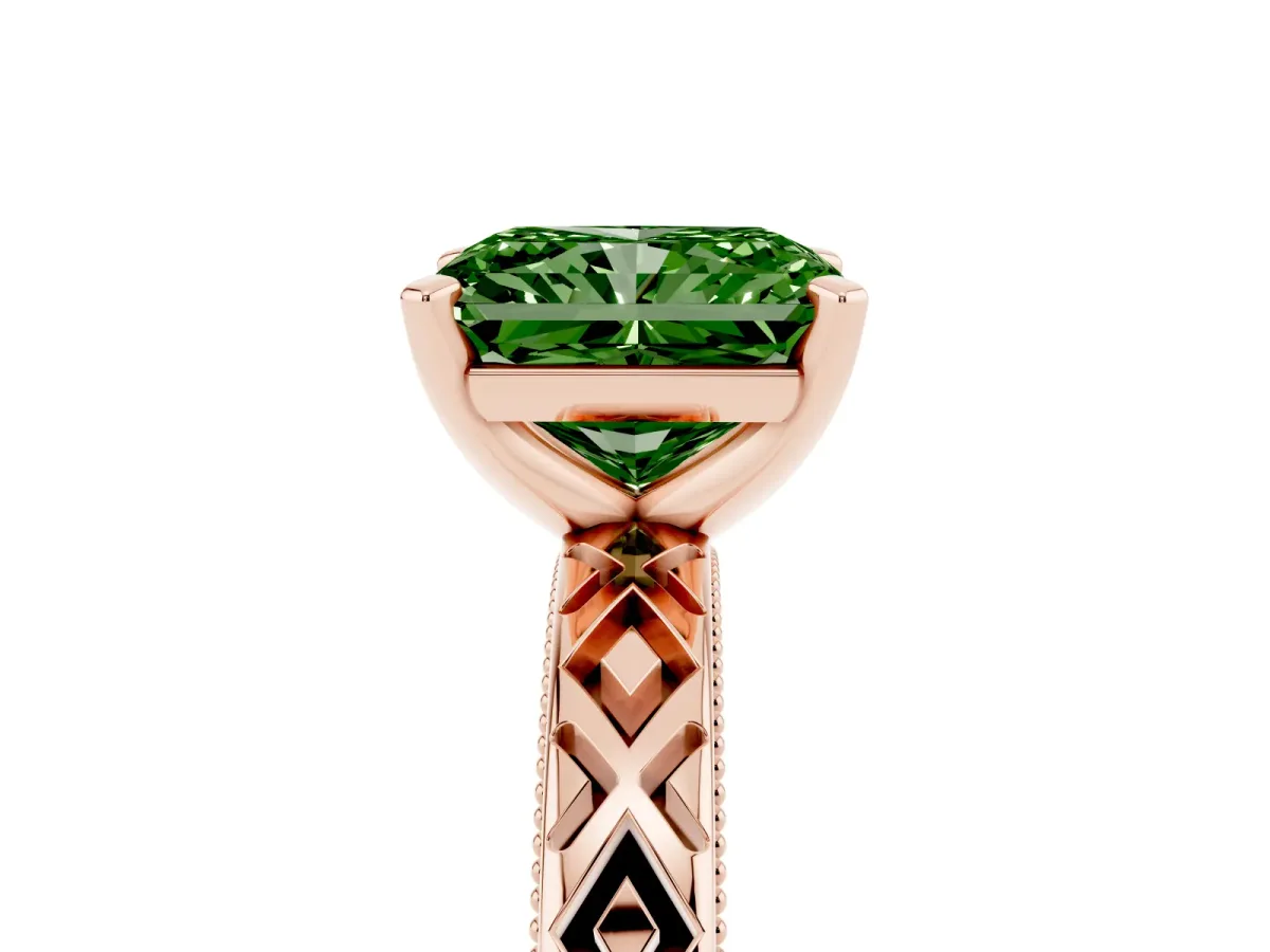 Fancy Green Radiant Cut Solitaire Diamond Ring with Milgrain and Black Enamel X Pattern Band Rose gold