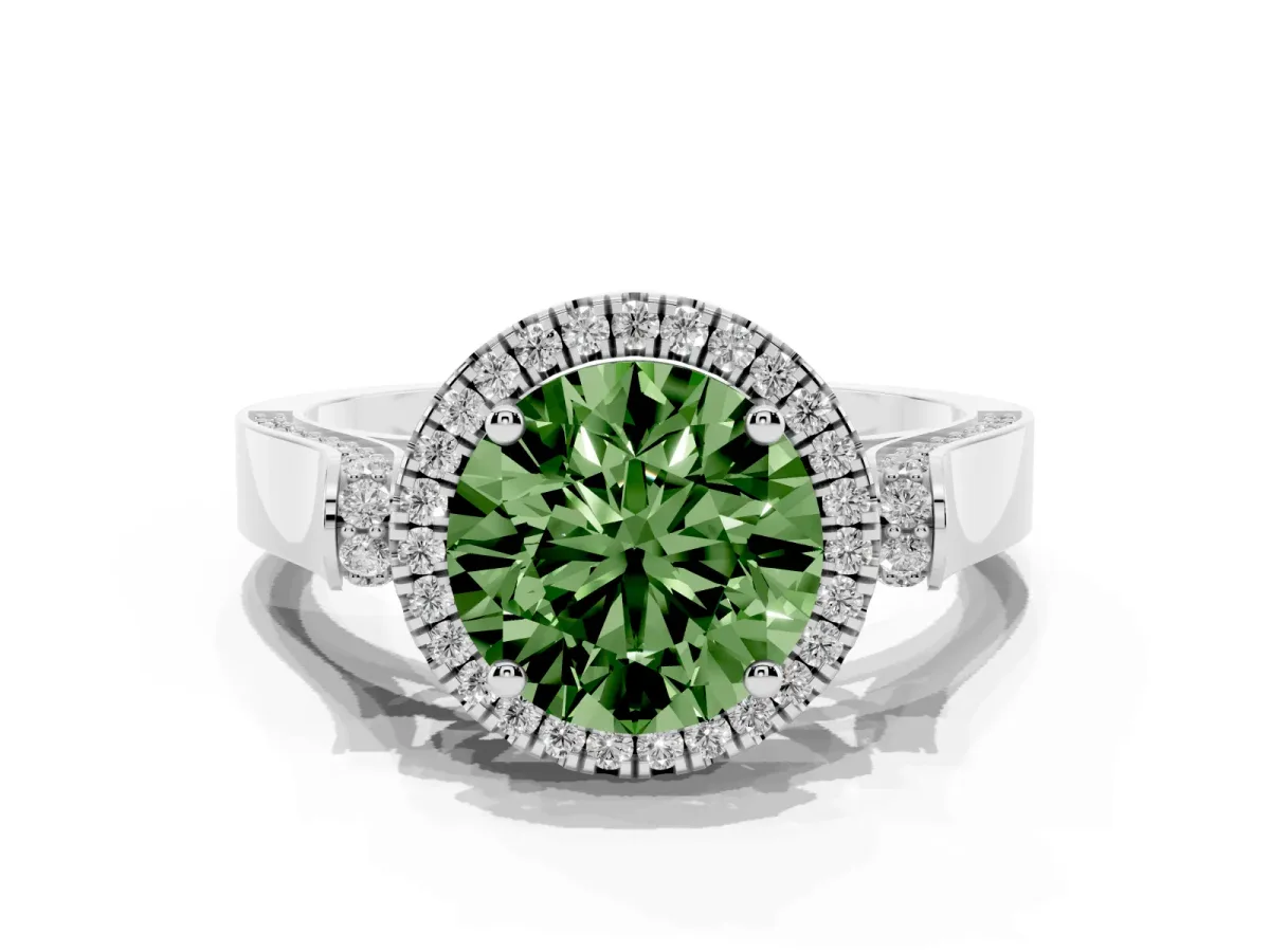 Fancy Green Round Cut Halo Round Diamond Twist Band with Four-Prong Setting White gold