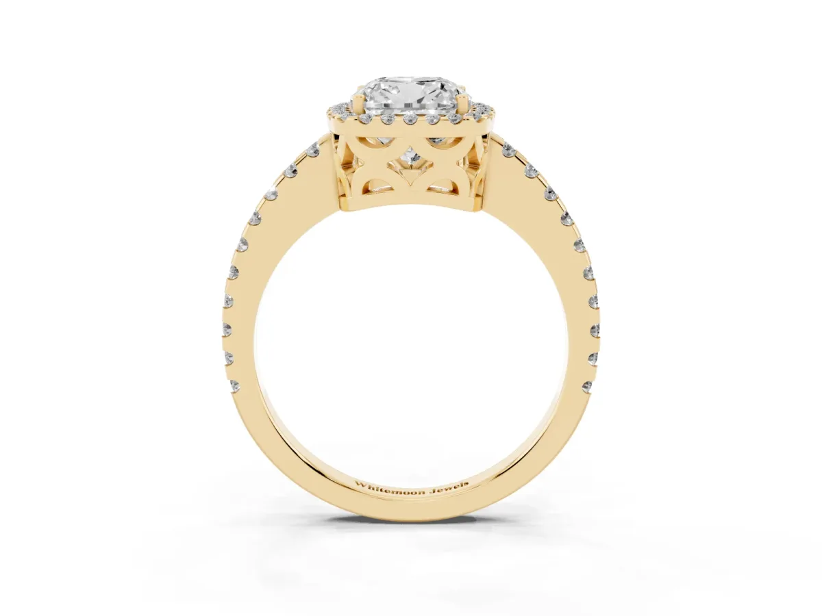 Cushion Cut Diamond Halo Engagement Ring with Pavé Band and Prong Setting Yellow gold