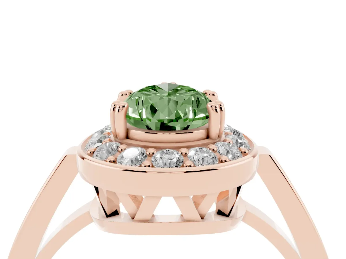 Fancy Green Pear Cut Diamond Halo Ring with Split Shank and Four-Prong Setting Rose gold
