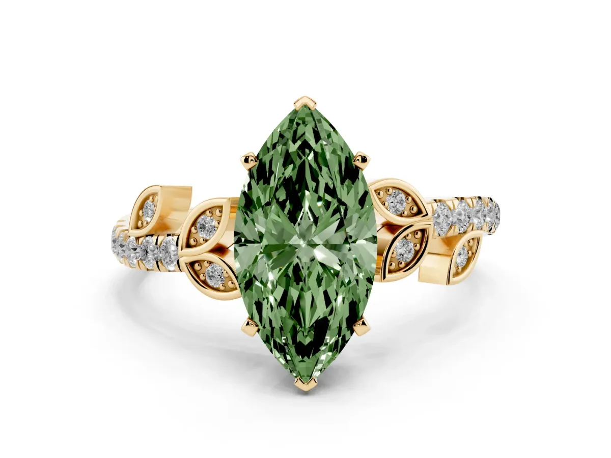 Fancy Green Marquise Cut Solitaire Leaf-Inspired Diamond Ring with Pavé Band and Four-Prong Setting Yellow gold