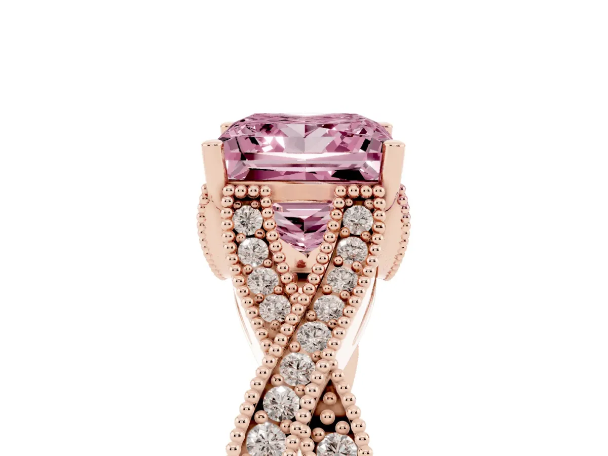 Fancy Pink Princess Cut Cut Diamond Twisted Band with Milgrain Pave Setting and Four-Prong Setting Rose gold