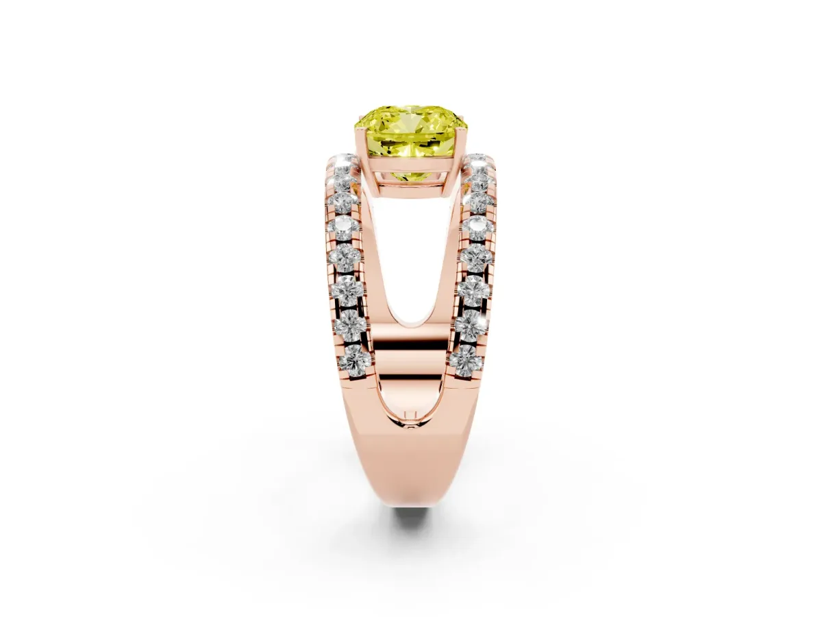 Fancy Yellow Cushion Cut Solitaire Split Shank Pave Diamond Ring Rose gold