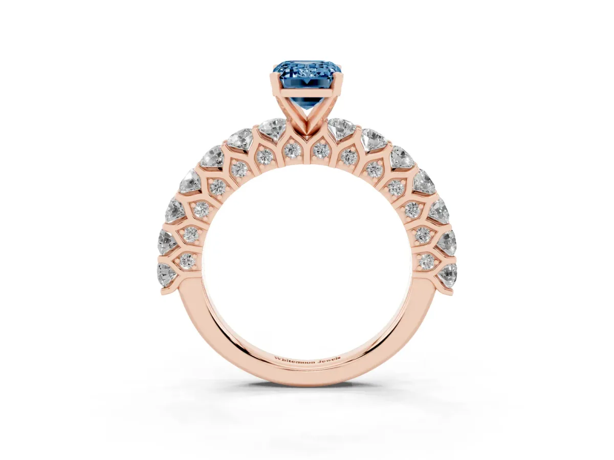 Fancy Blue Emerald Cut Diamond Solitaire Ring with Shared Prong Pavé Band and Four-Prong Setting Rose gold