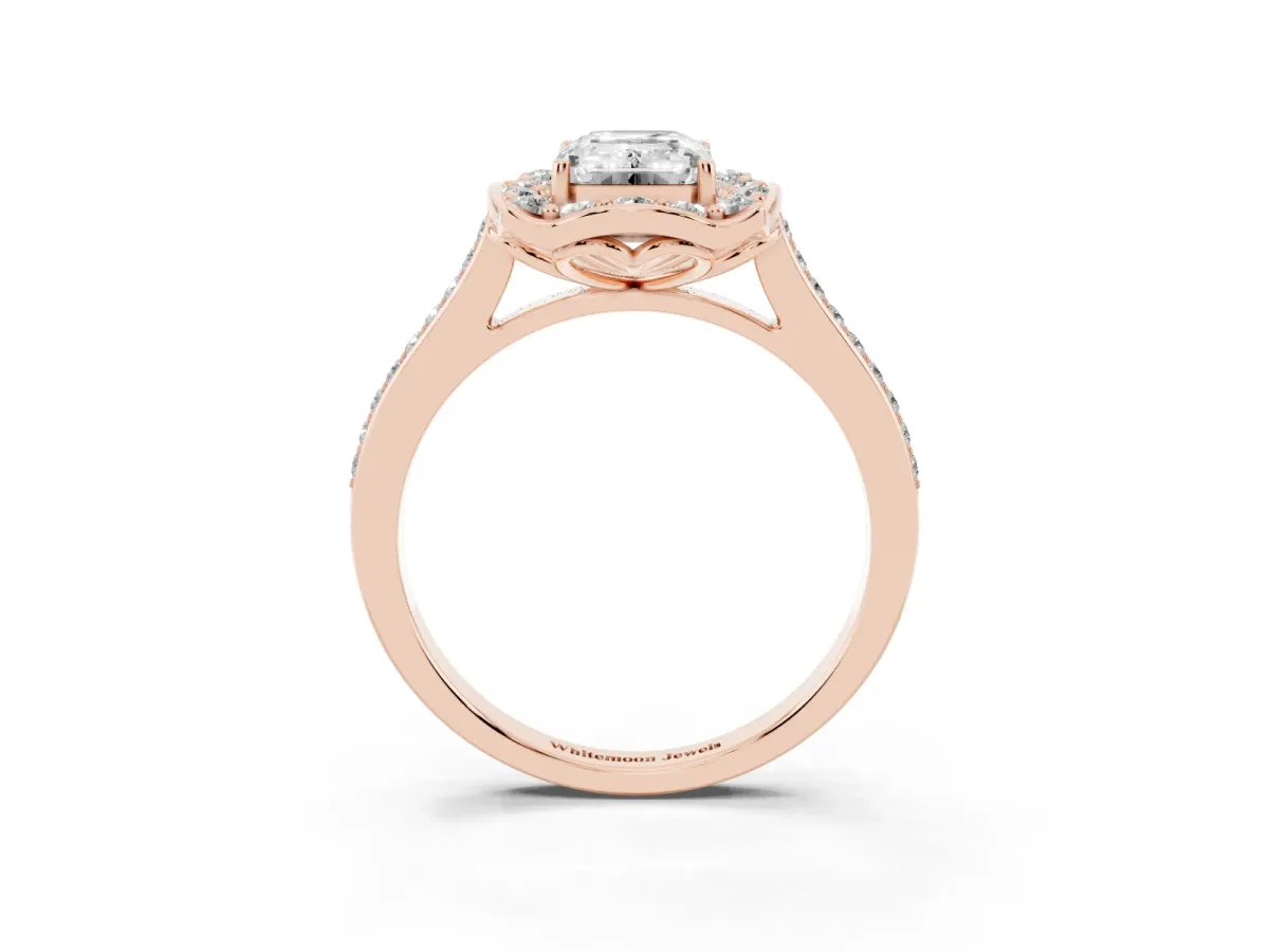 Emerald Cut Halo Round Diamond Pave Band with Four-Prong Setting Rose gold