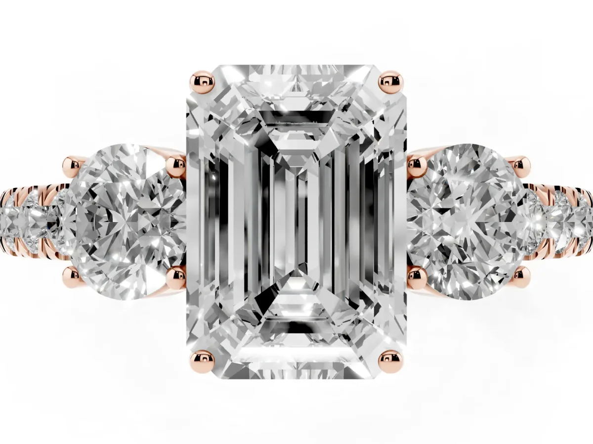 Emerald Cut Cut Diamond Three-Stone Ring with Round Side Stones and Pavé Band Rose gold