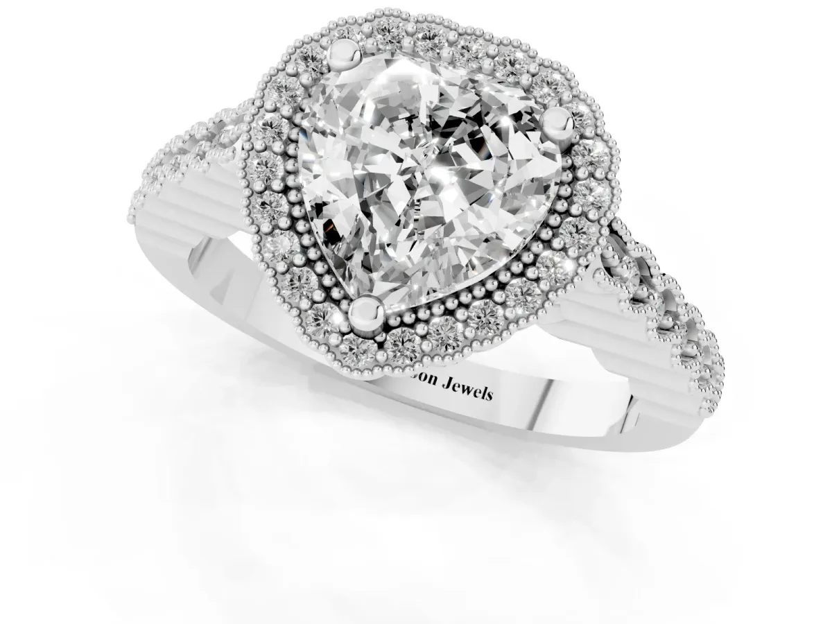 Heart Cut Cut Halo Pavé Solitaire Ring with Milgrain Band Platinum
