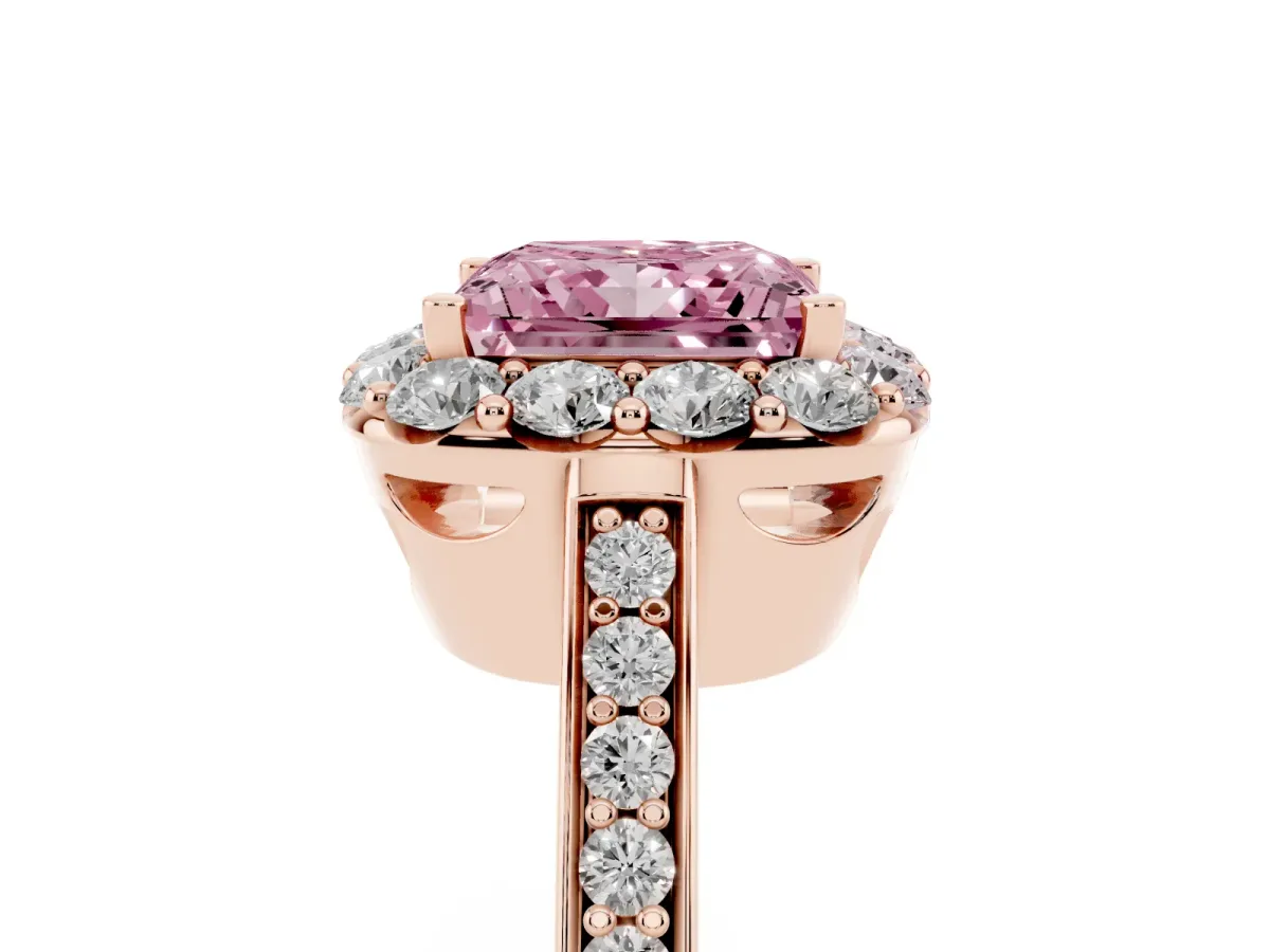 Fancy Pink Princess Cut Diamond Floral Halo Ring with Pavé Band and Prong Setting Rose gold