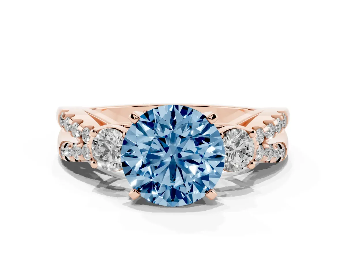 Fancy Blue Round Cut Diamond Three-Stone Ring with Pavé Split Shank and Four-Prong Setting Rose gold