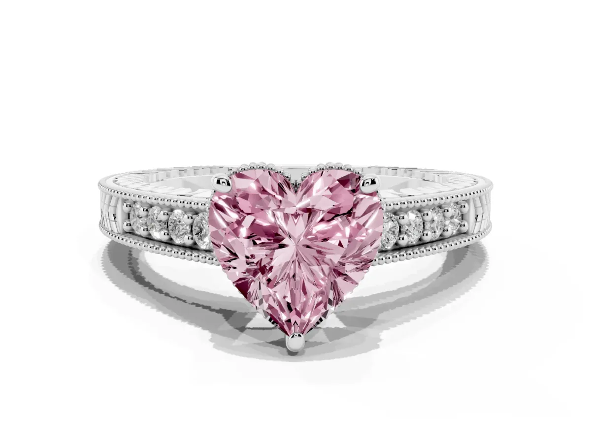 Fancy Pink Heart Cut Solitaire Pavé Diamond Milgrain Engagement Ring with Four-Prong Setting Silver