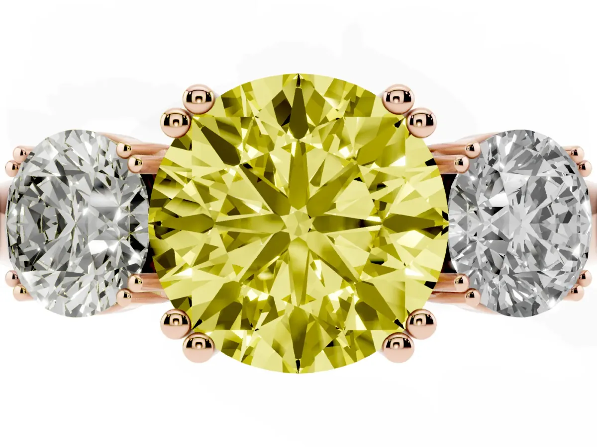 Fancy Yellow Three-Stone Round Cut Cut Diamond Ring with Channel Set Band and Four-Prong Setting Rose gold