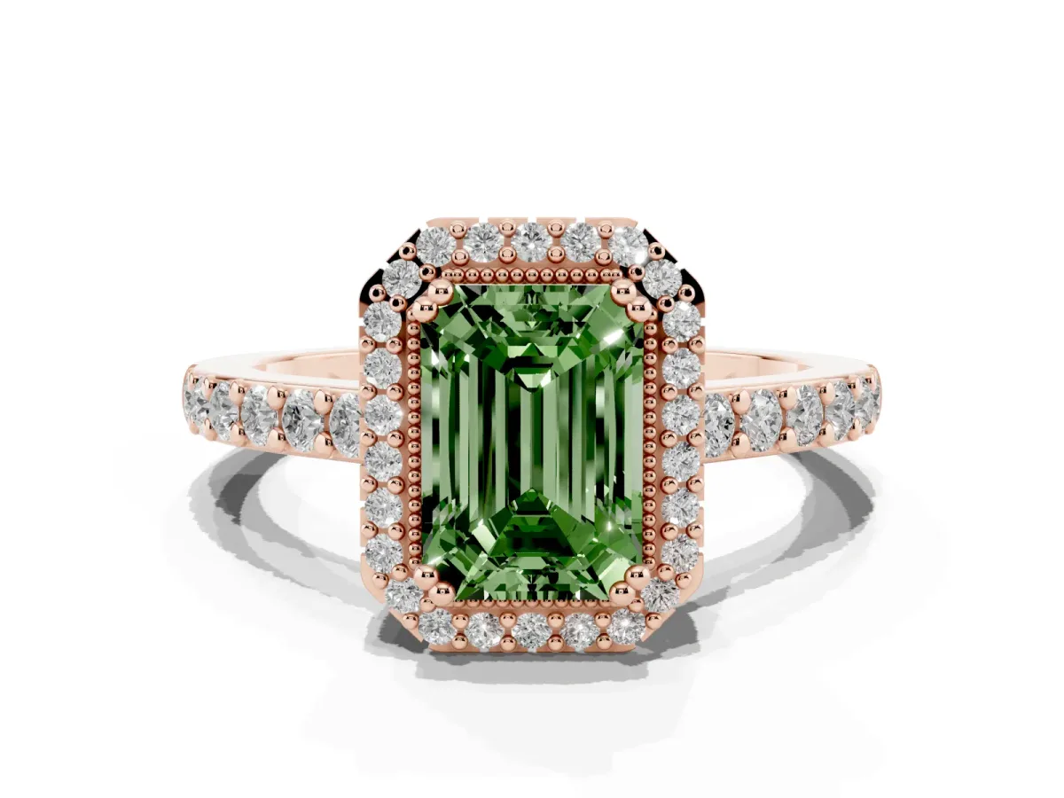 Fancy Green Emerald Cut Cut Diamond Halo Engagement Ring with Milgrain Detail and Pavé Band Rose gold