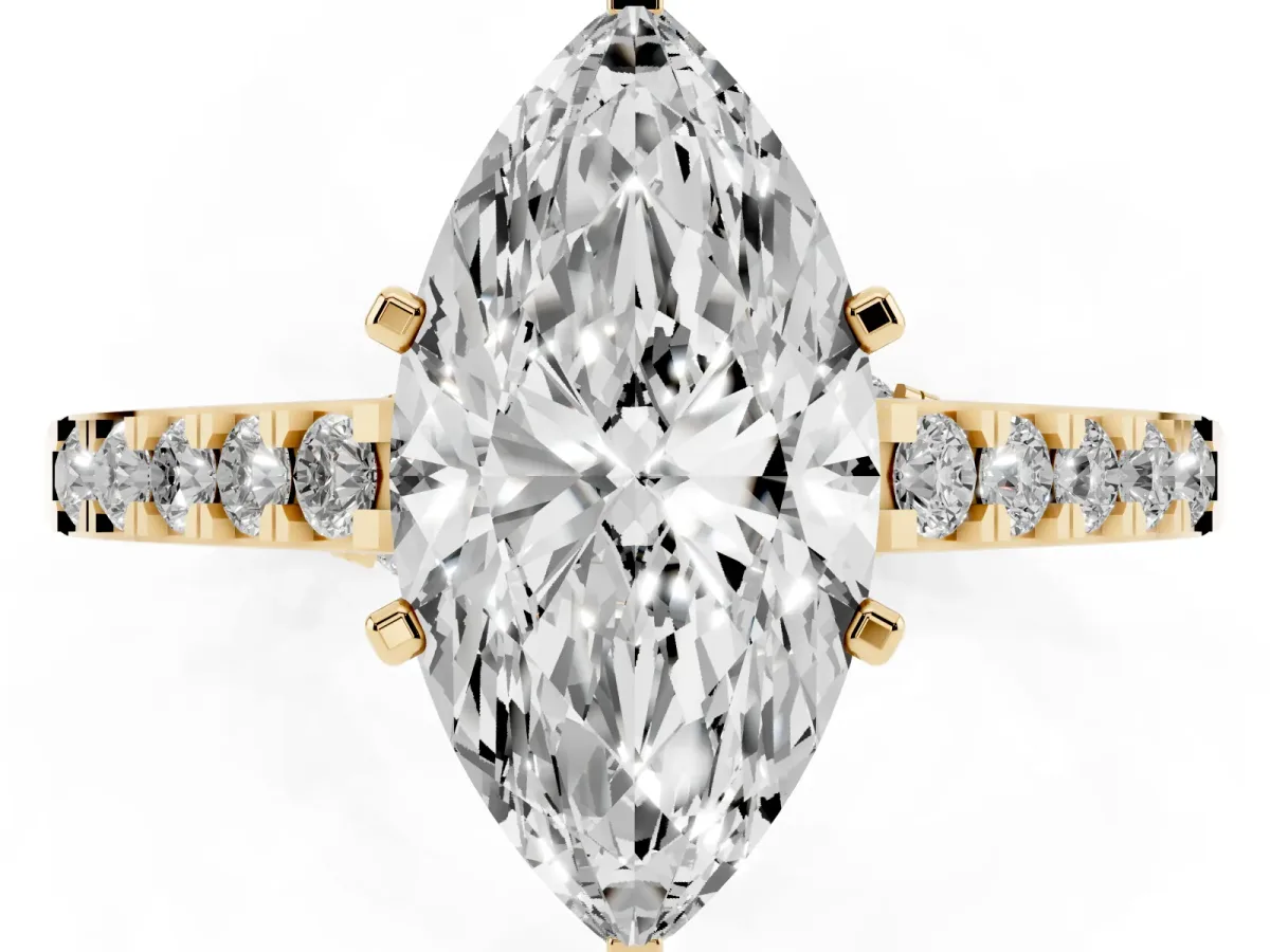 Marquise Cut Diamond Solitaire Ring with Crossover Gallery and Round Pavé Band Yellow gold