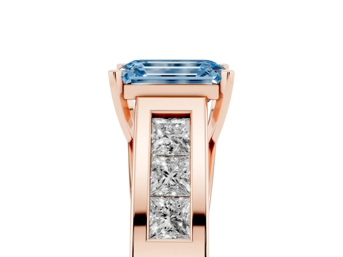 Fancy Blue Emerald Cut Cut Channel Set Solitaire Ring with Four-Prong Setting Rose gold
