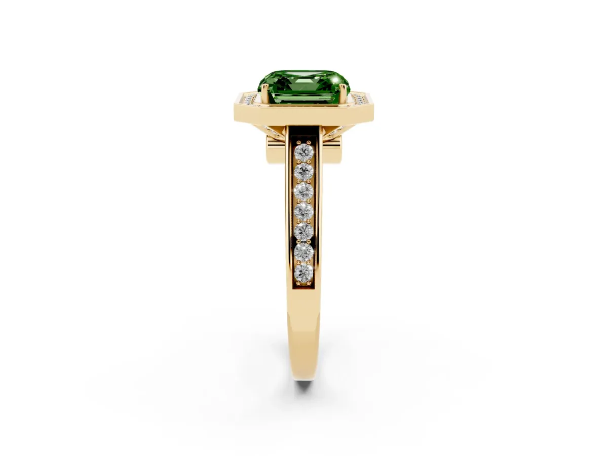 Fancy Green Asscher Cut Halo Solitaire Diamond Ring with Pave Band and Bezel Setting Yellow gold