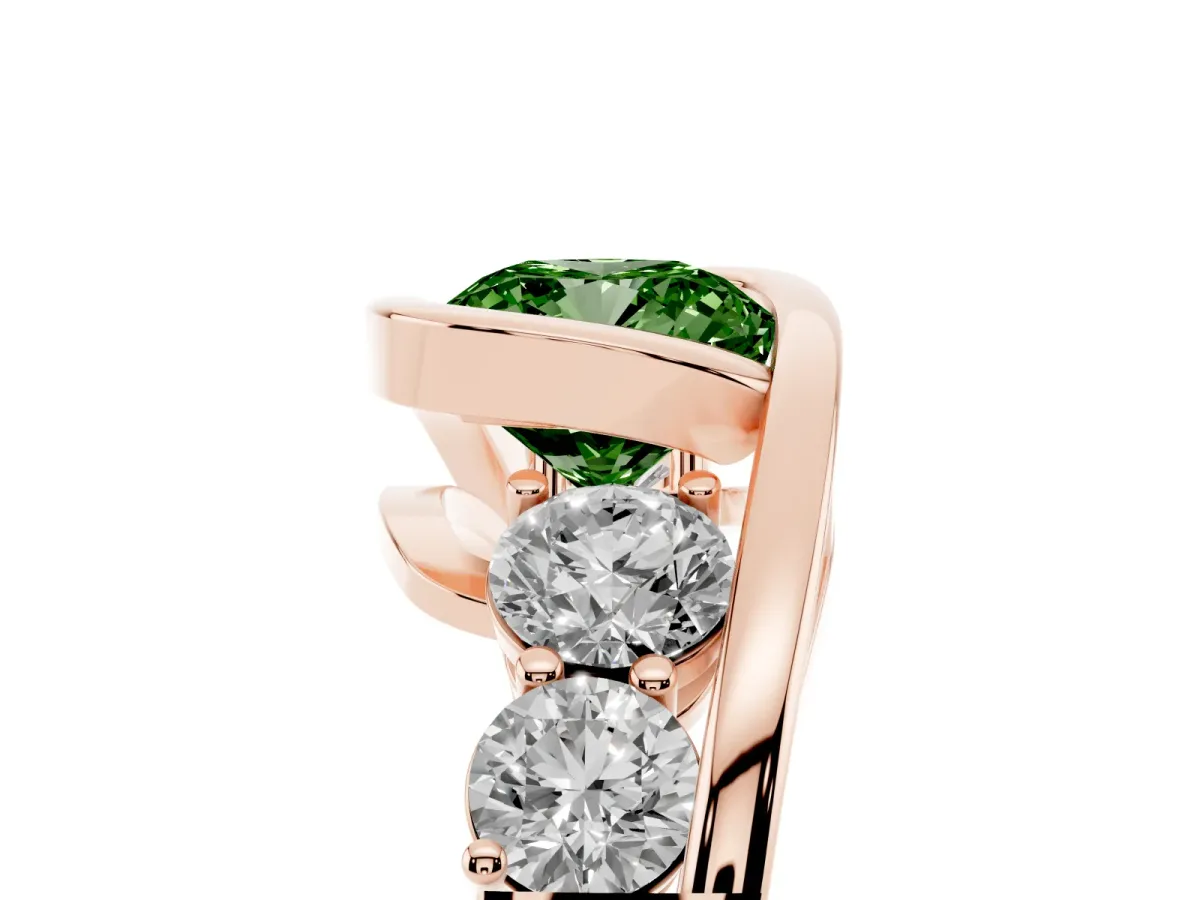 Fancy Green Bezel Set Cushion Cut Diamond Bypass Ring with Round Accents Rose gold