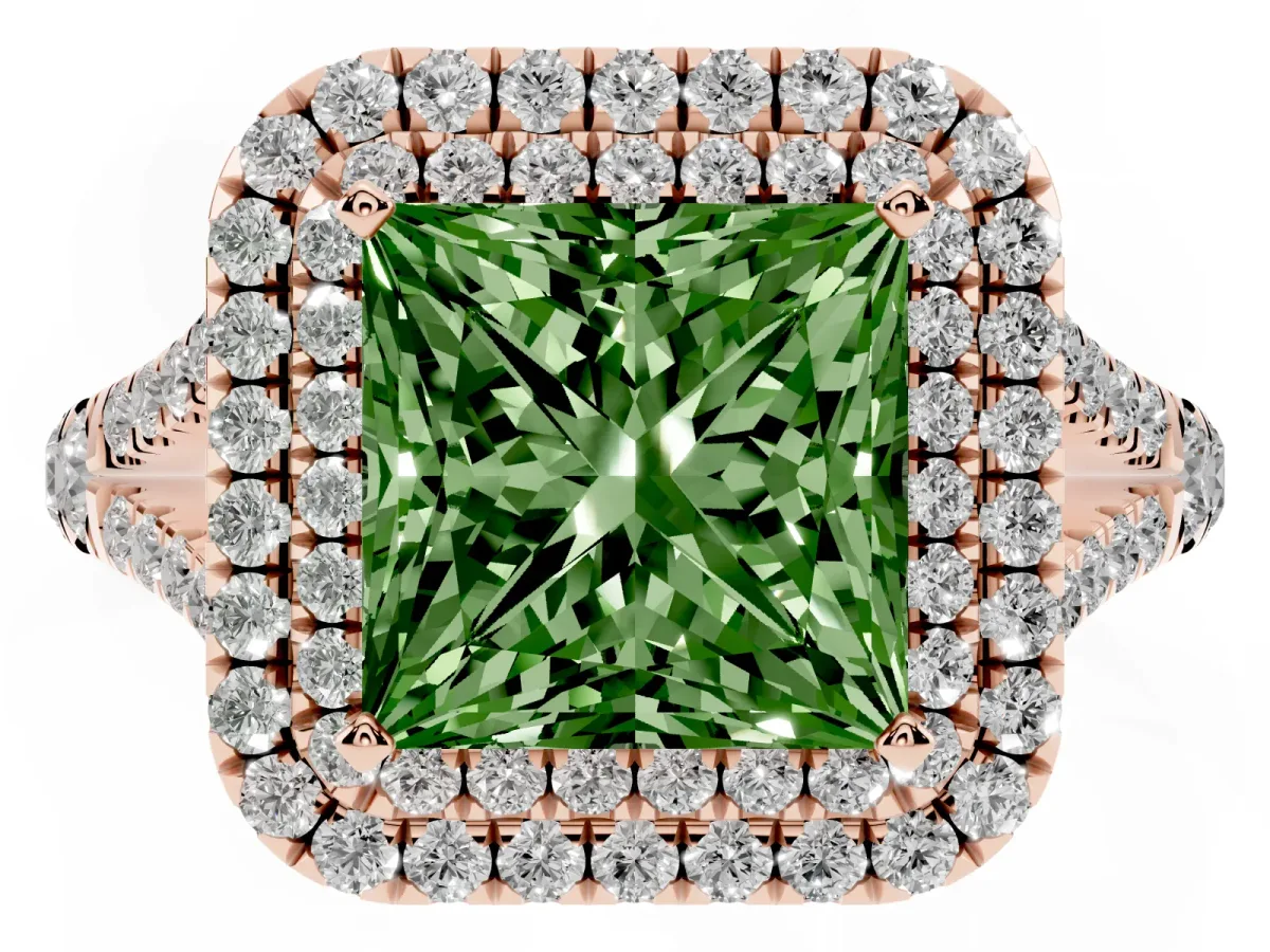 Fancy Green Princess Cut Diamond Double Halo Ring with Split Shank and Prong Setting Rose gold