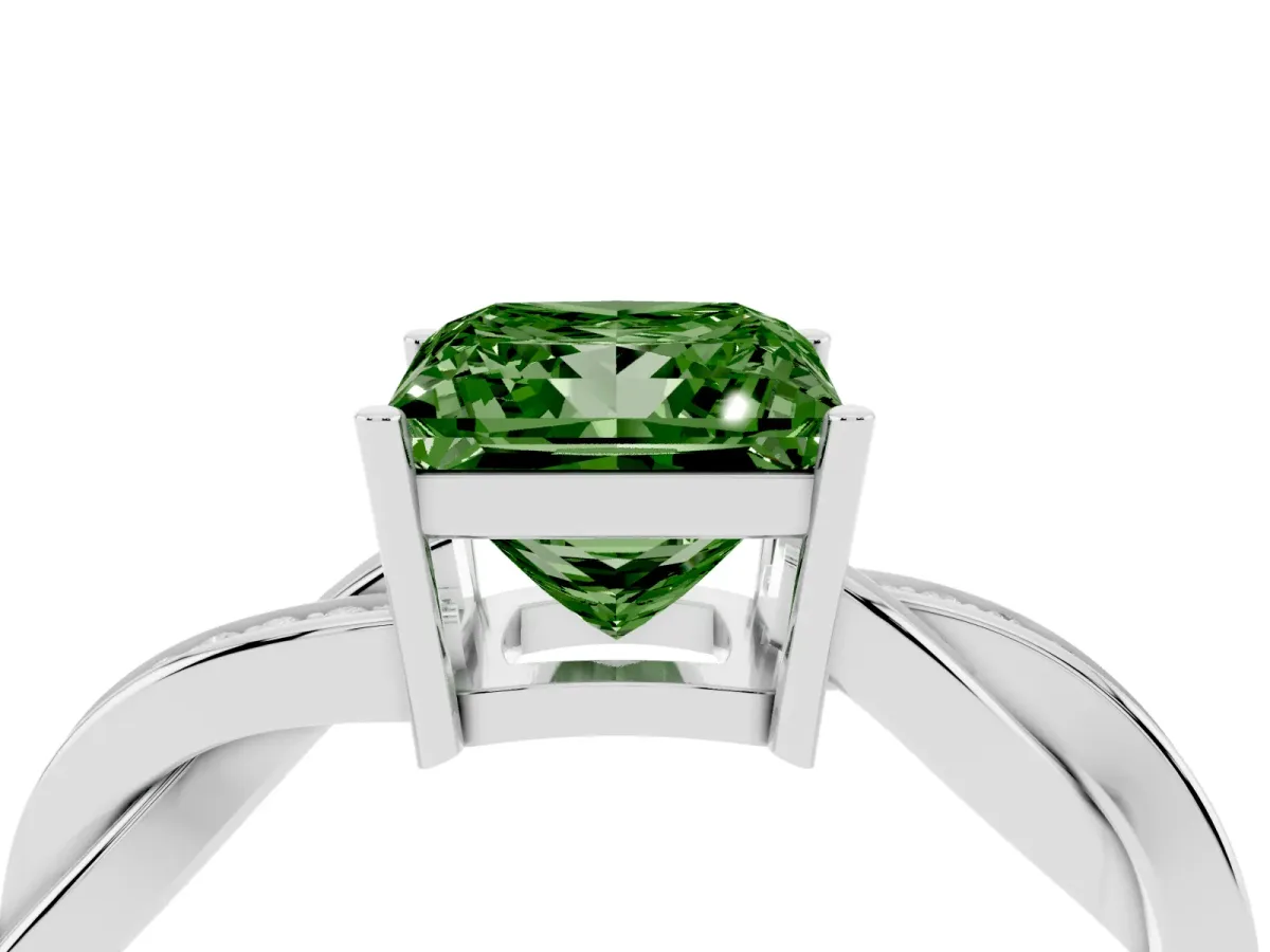 Fancy Green Princess Cut Solitaire Twisted Pave Diamond Ring with Four-Prong Setting Silver