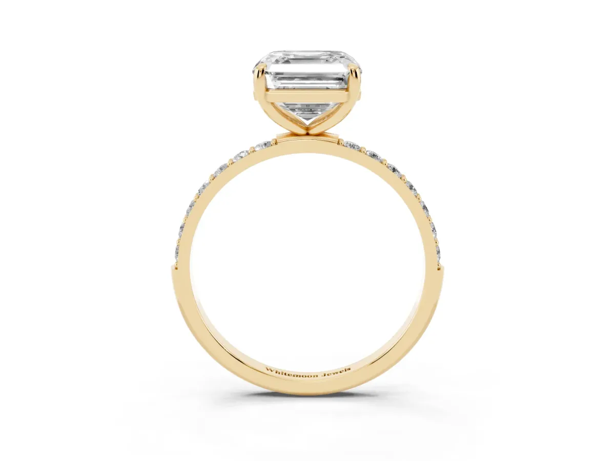 Asscher Cut Diamond Solitaire Ring with Round Pavé Band and Prong Setting Yellow gold