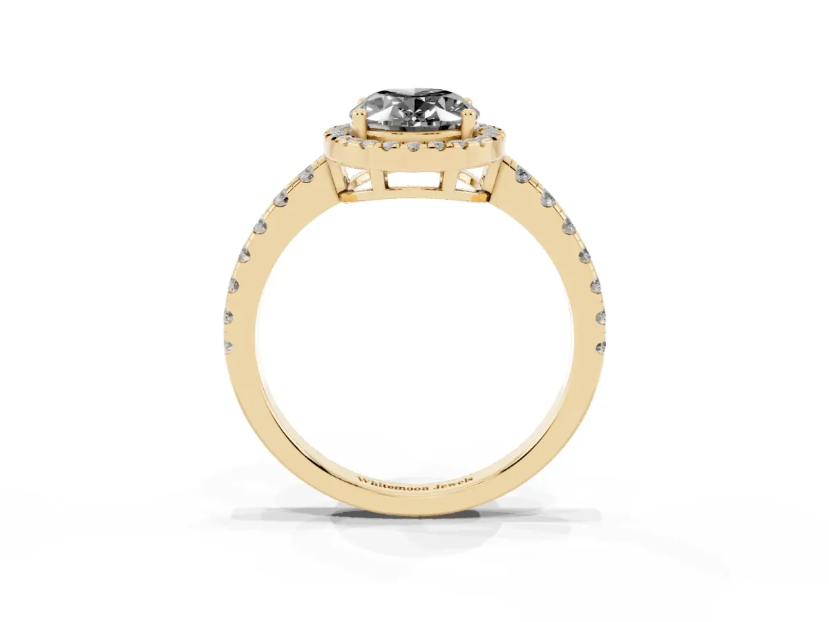 Fancy Black Oval Cut Diamond Halo Ring with Pavé Band and Four-Prong Setting Yellow gold