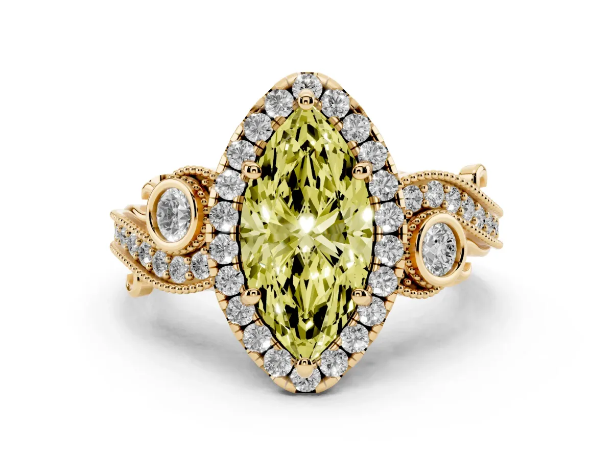 Fancy Yellow Marquise Cut Halo Diamond Ring with Milgrain and Bezel Accents on a Split Shank Band Yellow gold