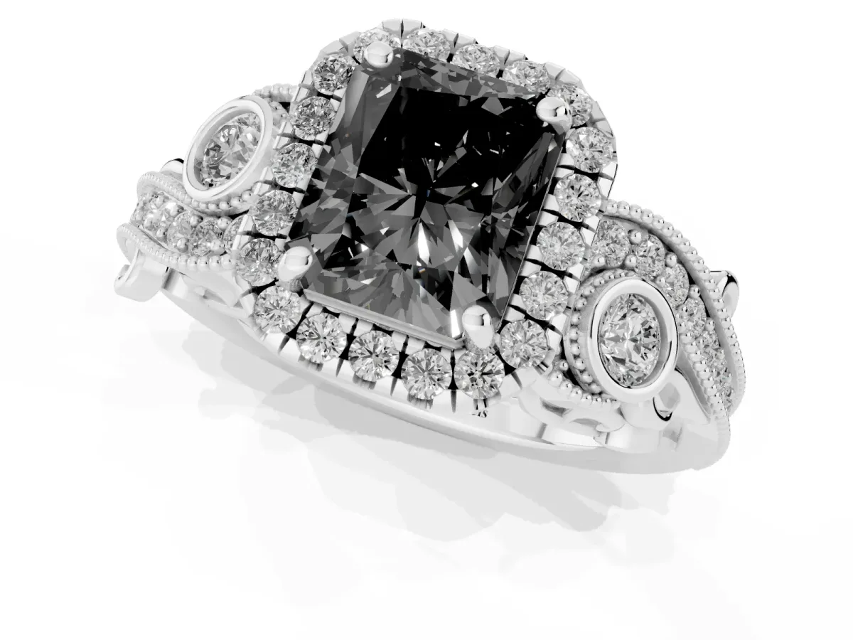 Fancy Black Radiant Cut Halo Diamond Ring with Milgrain and Bezel Accents on a Split Shank Band Silver
